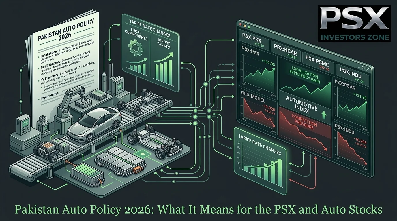 Pakistan Auto Policy 2026 analysis showing vehicle manufacturing, tariffs, electric vehicles, auto stocks and PSX market impact.