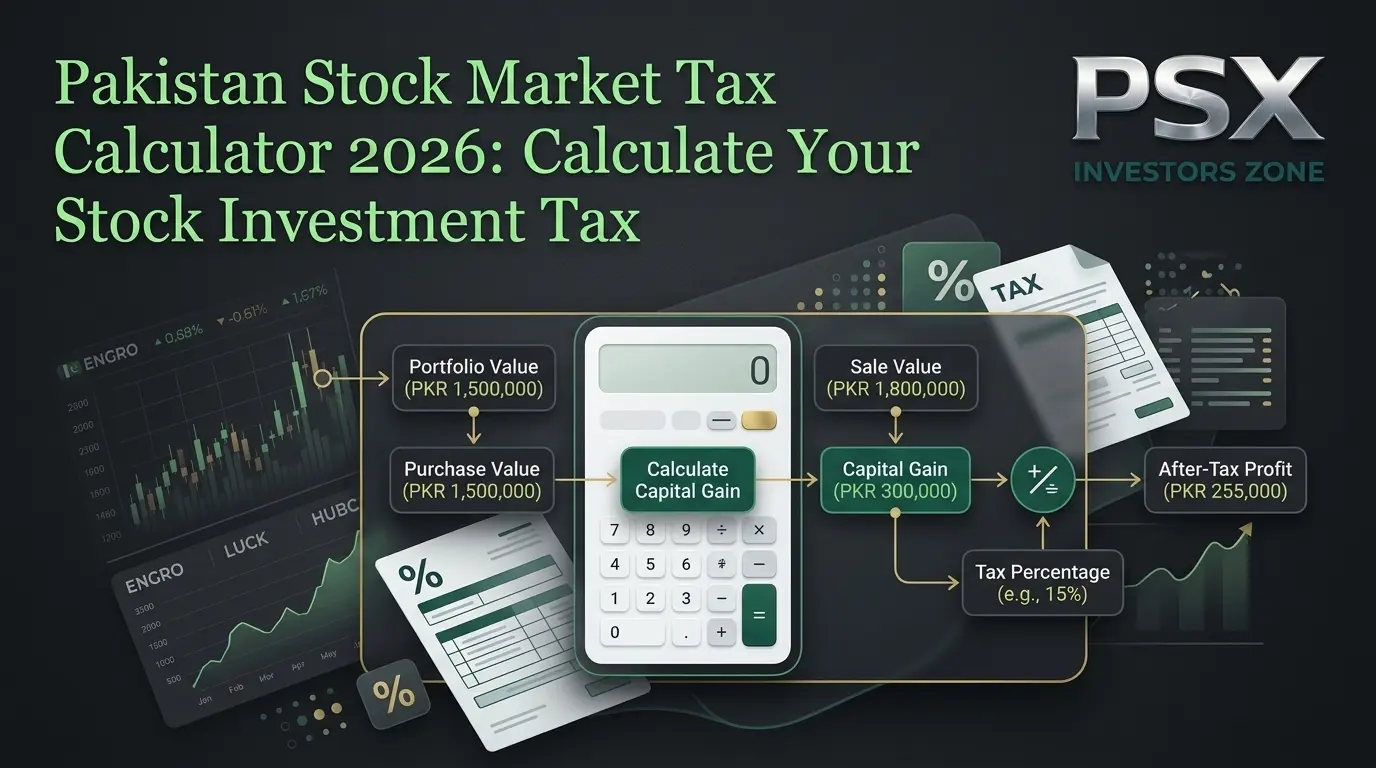 Pakistan stock market tax calculator showing PSX investment profit, capital gains tax calculation and after-tax returns.