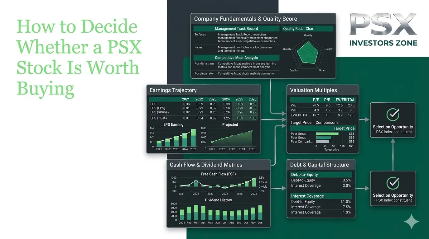 PSX stock evaluation framework showing company fundamentals, valuation, earnings, cash flow, financial ratios and investment decision analysis