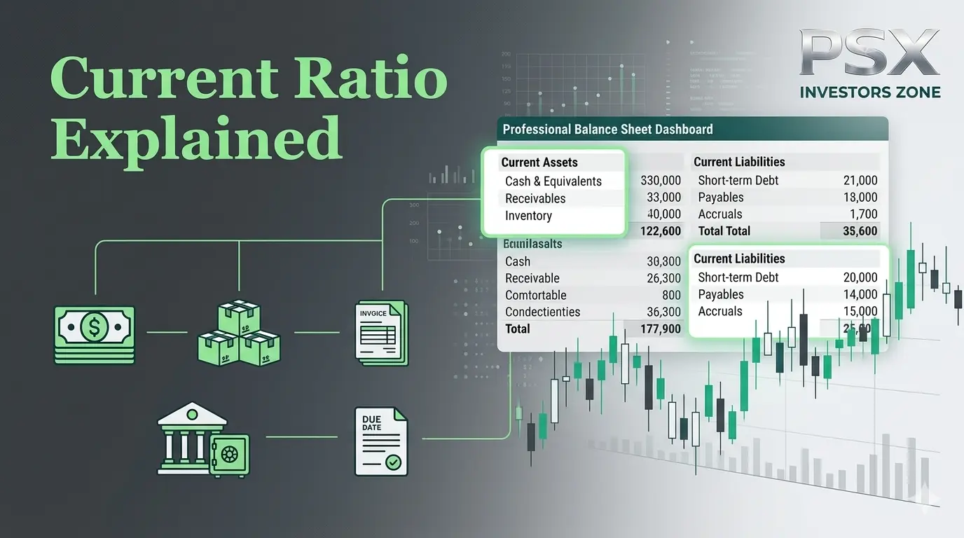 Professional financial illustration showing the Current Ratio, current assets, current liabilities, balance sheet, liquidity analysis, financial statements, stock charts, and company financial health for Pakistan Stock Exchange investors.