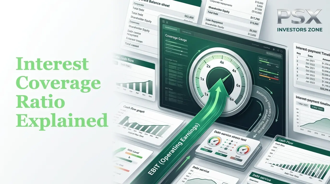 Professional financial illustration showing Interest Coverage Ratio analysis, company debt, interest expenses, operating profit, debt coverage indicators, financial statements, and PSX investment research.