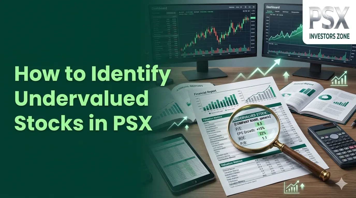 Professional financial illustration showing undervalued stock analysis with magnifying glass, candlestick charts, valuation ratios, financial statements, and Pakistan Stock Exchange investment research.