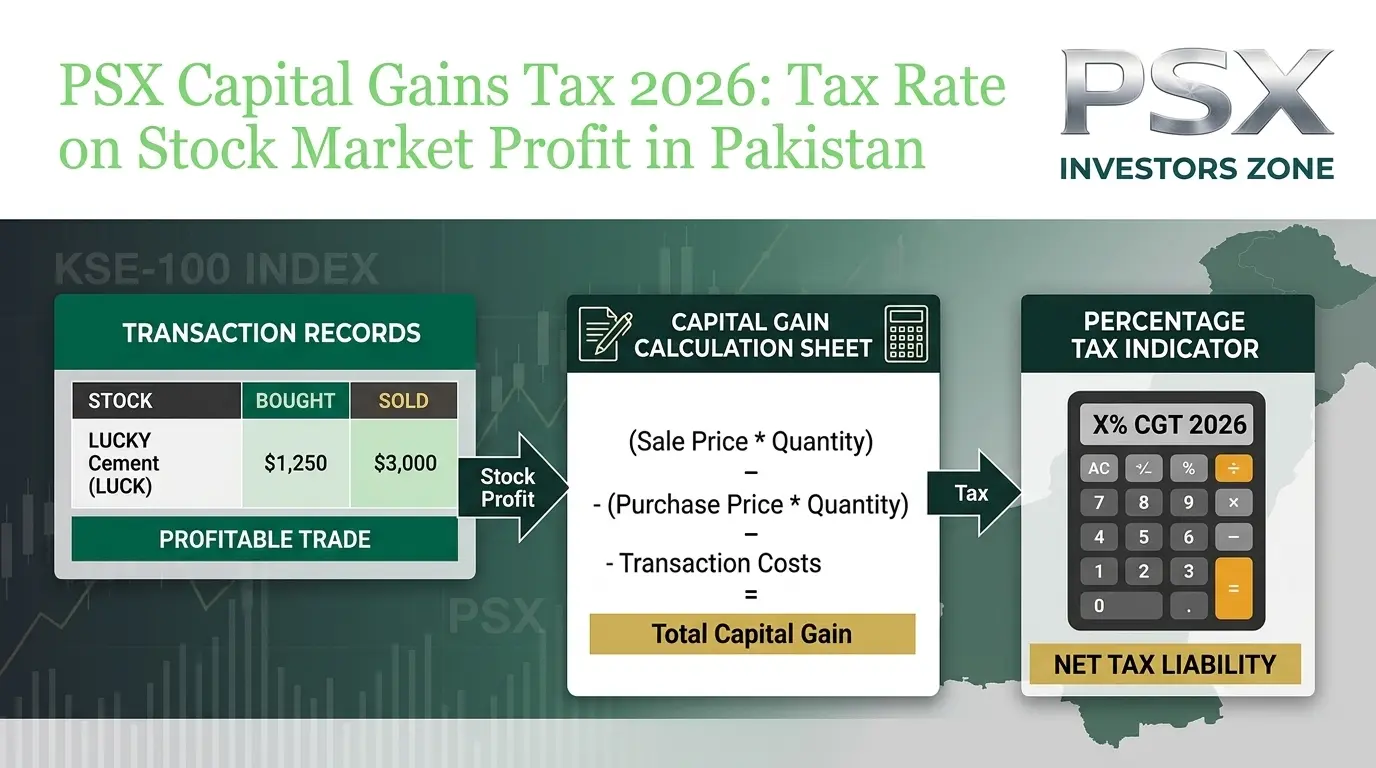 PSX capital gains tax 2026 illustration showing stock profit, tax calculation, Pakistan Stock Exchange charts and financial documents.