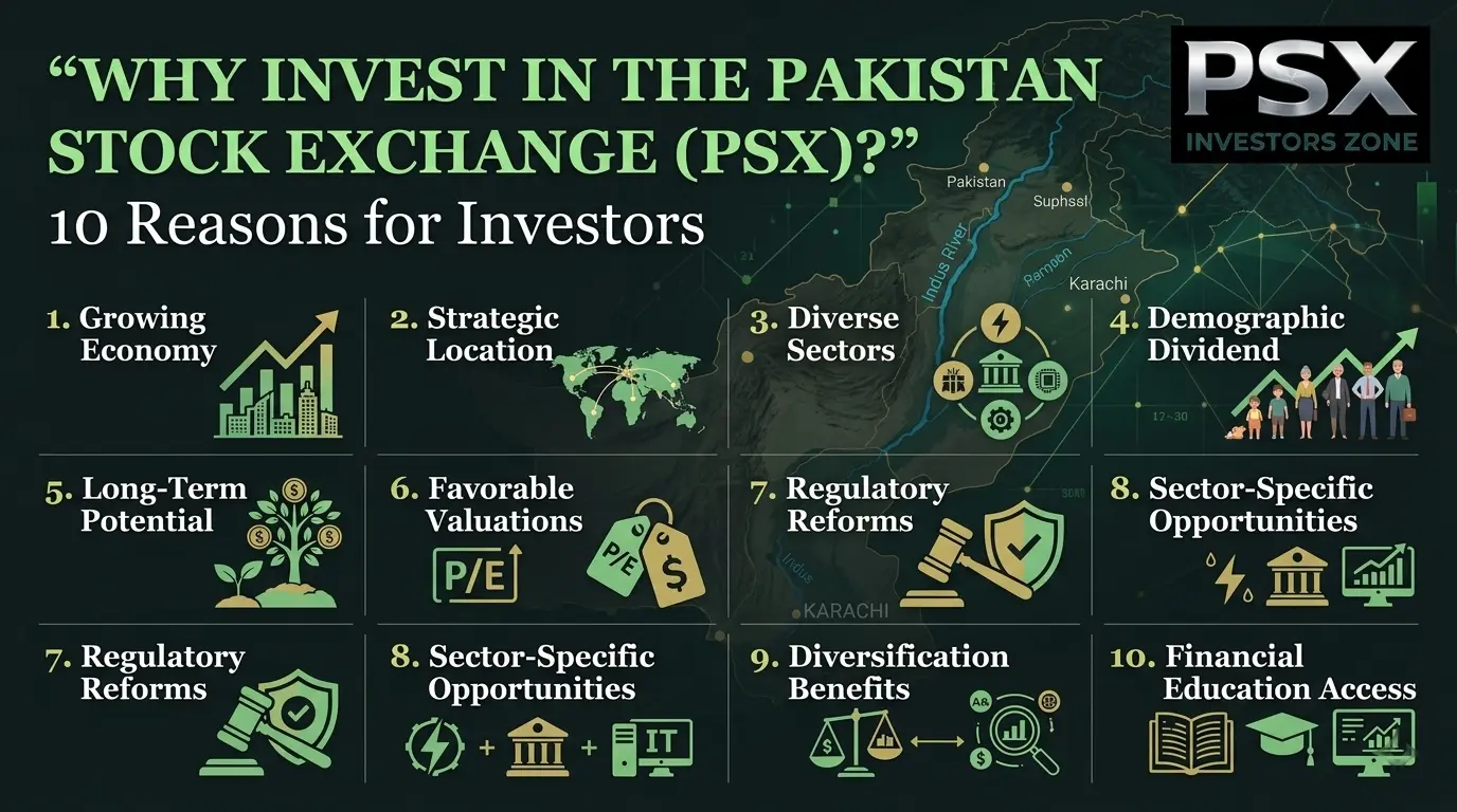 Why invest in Pakistan Stock Exchange showing long-term investing, PSX growth charts, dividends, company ownership and Shariah-compliant investment opportunities.