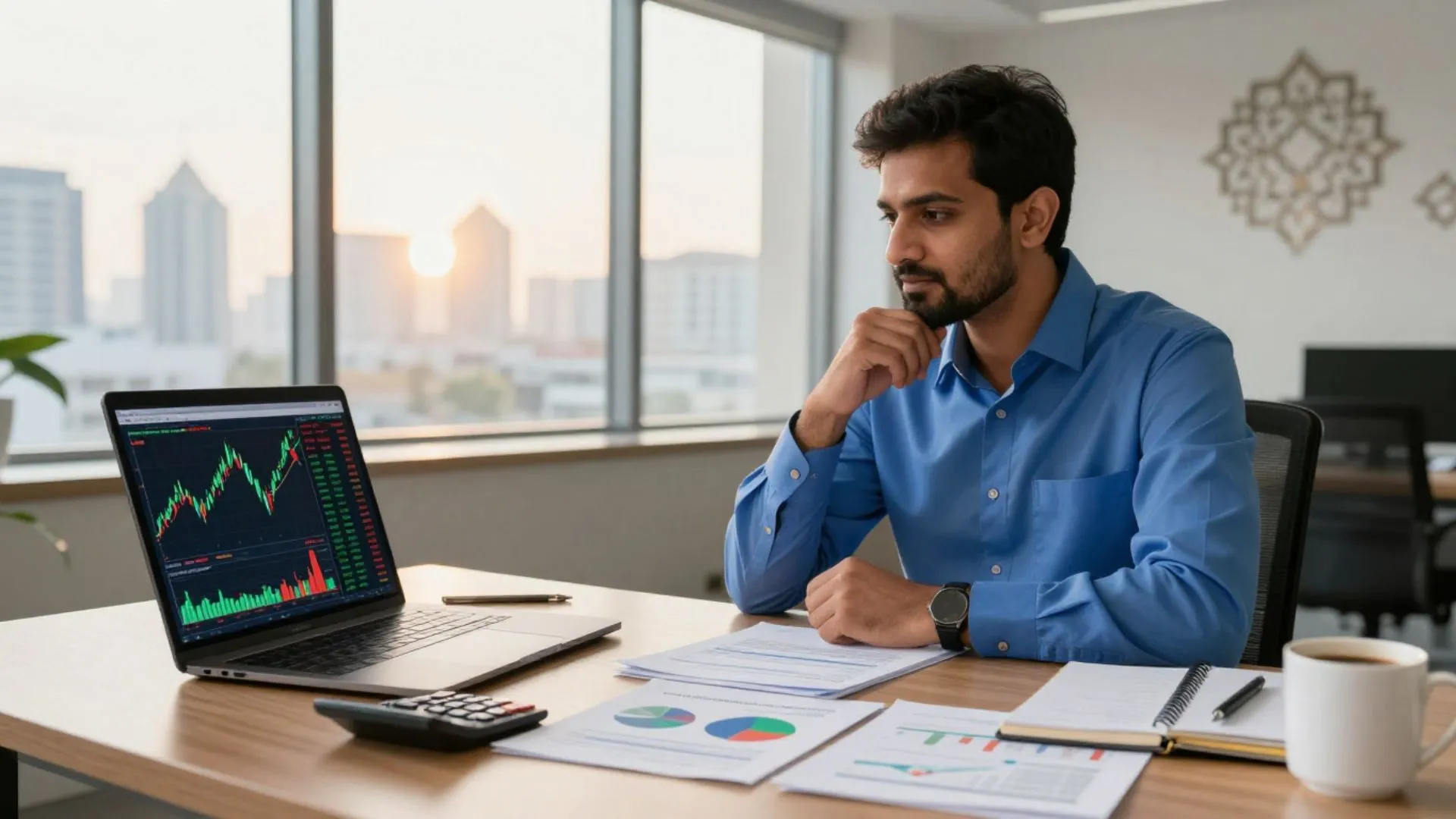 An investor reviewing a company's financial statements, charts, and annual report to perform fundamental analysis before investing in the Pakistan Stock Exchange.