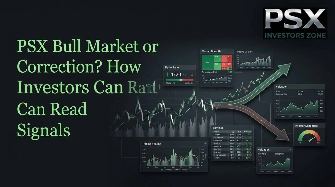 PSX bull market versus correction analysis showing KSE-100 trend, market breadth, trading volume, valuation and investor sentiment indicators.