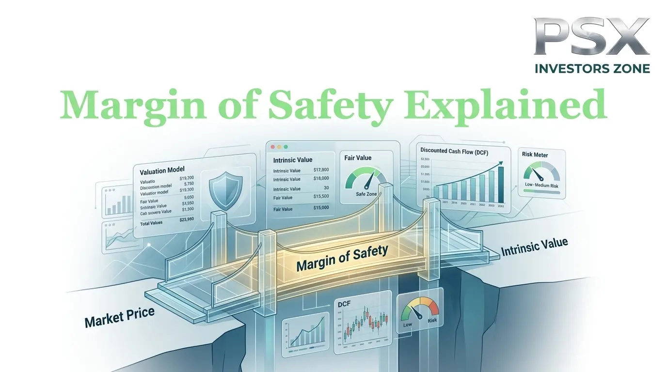 Professional financial illustration showing Margin of Safety, intrinsic value, market price comparison, stock valuation dashboard, risk management analysis, and investment research for Pakistan Stock Exchange investors.
