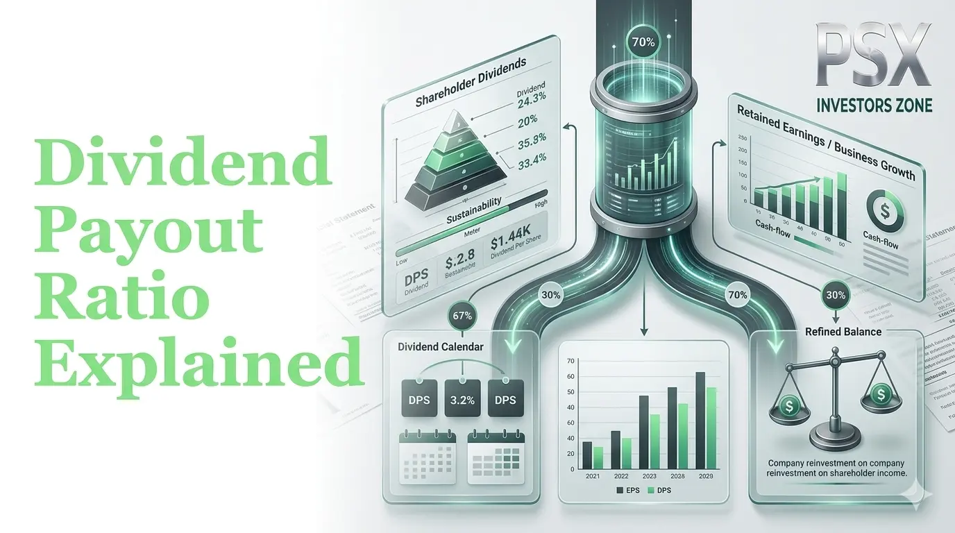 Professional financial illustration showing dividend payout analysis, earnings, dividend payments, payout ratio calculations, company financial statements, and PSX investment research.
