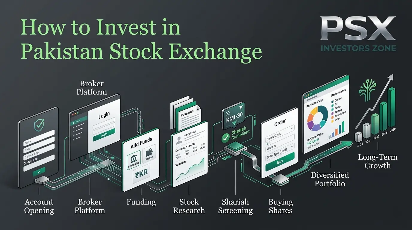 How to invest in Pakistan Stock Exchange showing a step-by-step investment process, brokerage account, stock research, PSX trading and portfolio building.