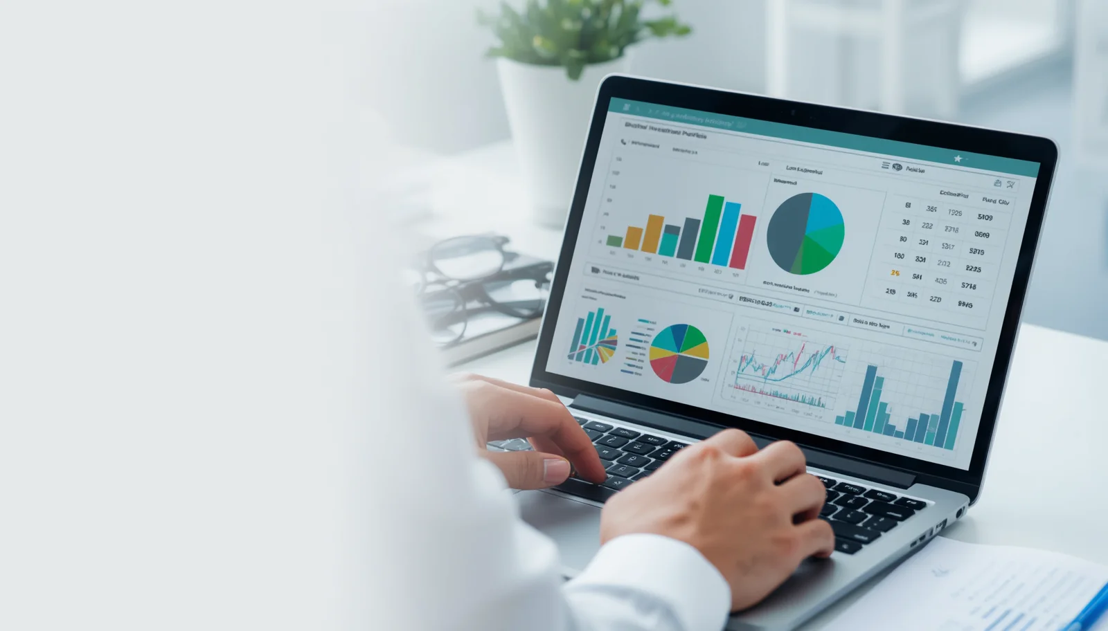 An investor building a diversified Pakistan Stock Exchange portfolio with sector allocation charts, financial reports, and investment planning documents.
