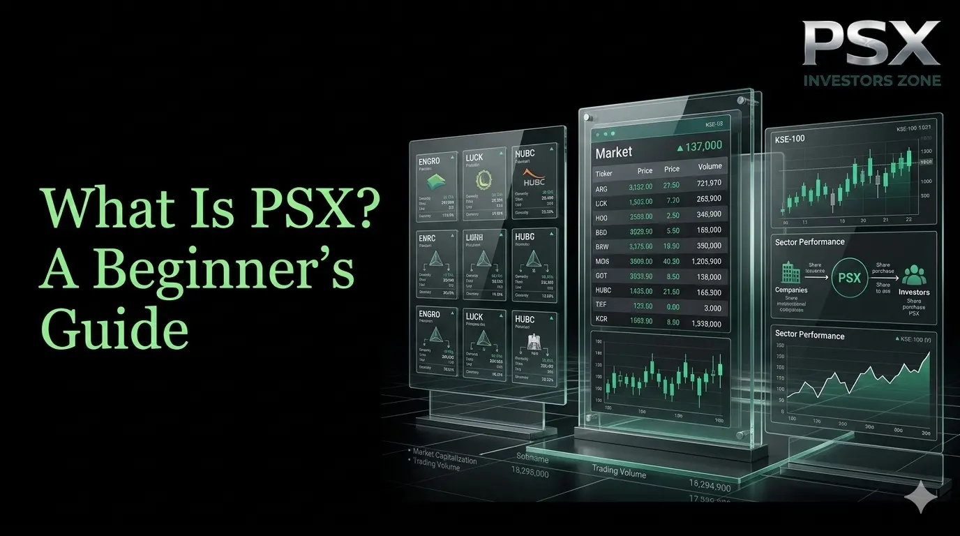 Pakistan Stock Exchange PSX beginner guide showing stock market trading, company shares, market index charts, and investment analysis.
