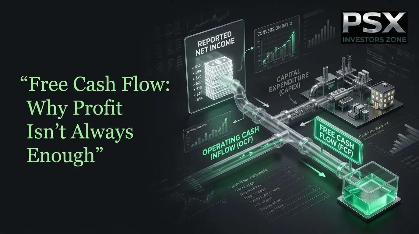 Free Cash Flow analysis showing operating cash flow, capital expenditure, company profits, cash generation and PSX investment research.