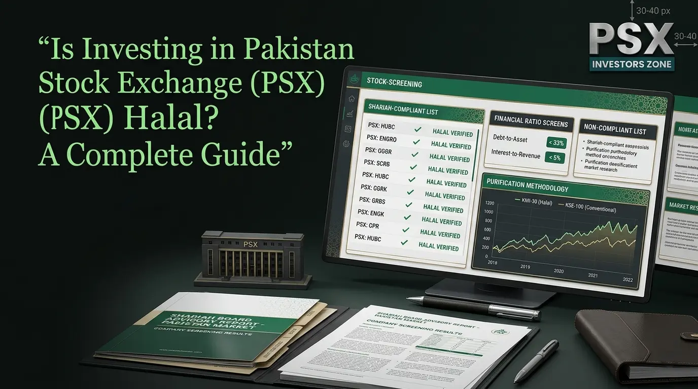 Shariah-compliant PSX investing concept showing Islamic stock screening, halal investment analysis and Pakistan Stock Exchange charts.