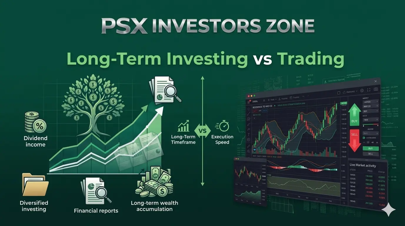 Comparison of long-term investing and stock trading with financial charts, candlestick graphs, portfolio growth, trading screens, and investment strategy icons for Pakistan Stock Exchange investors.