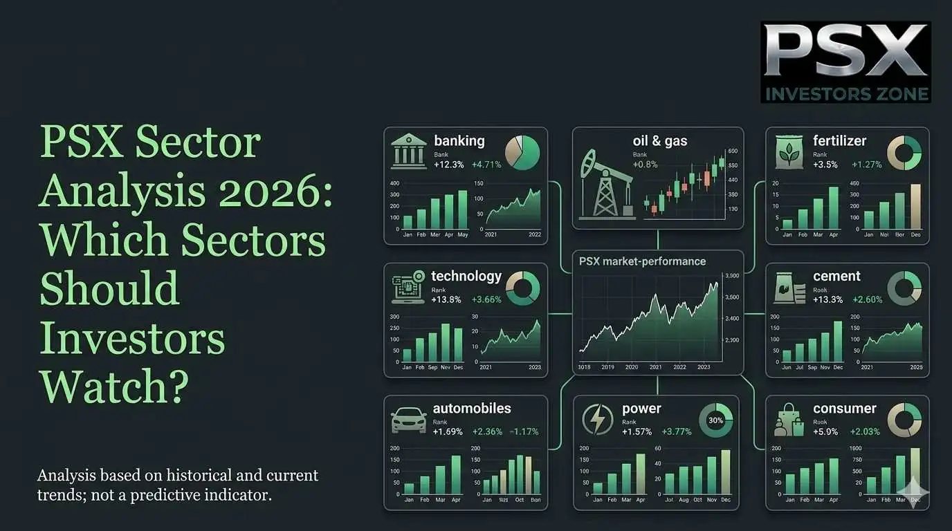 PSX Sector Analysis 2026 showing banking, energy, fertilizer, cement, technology, automobile and consumer sector performance charts.