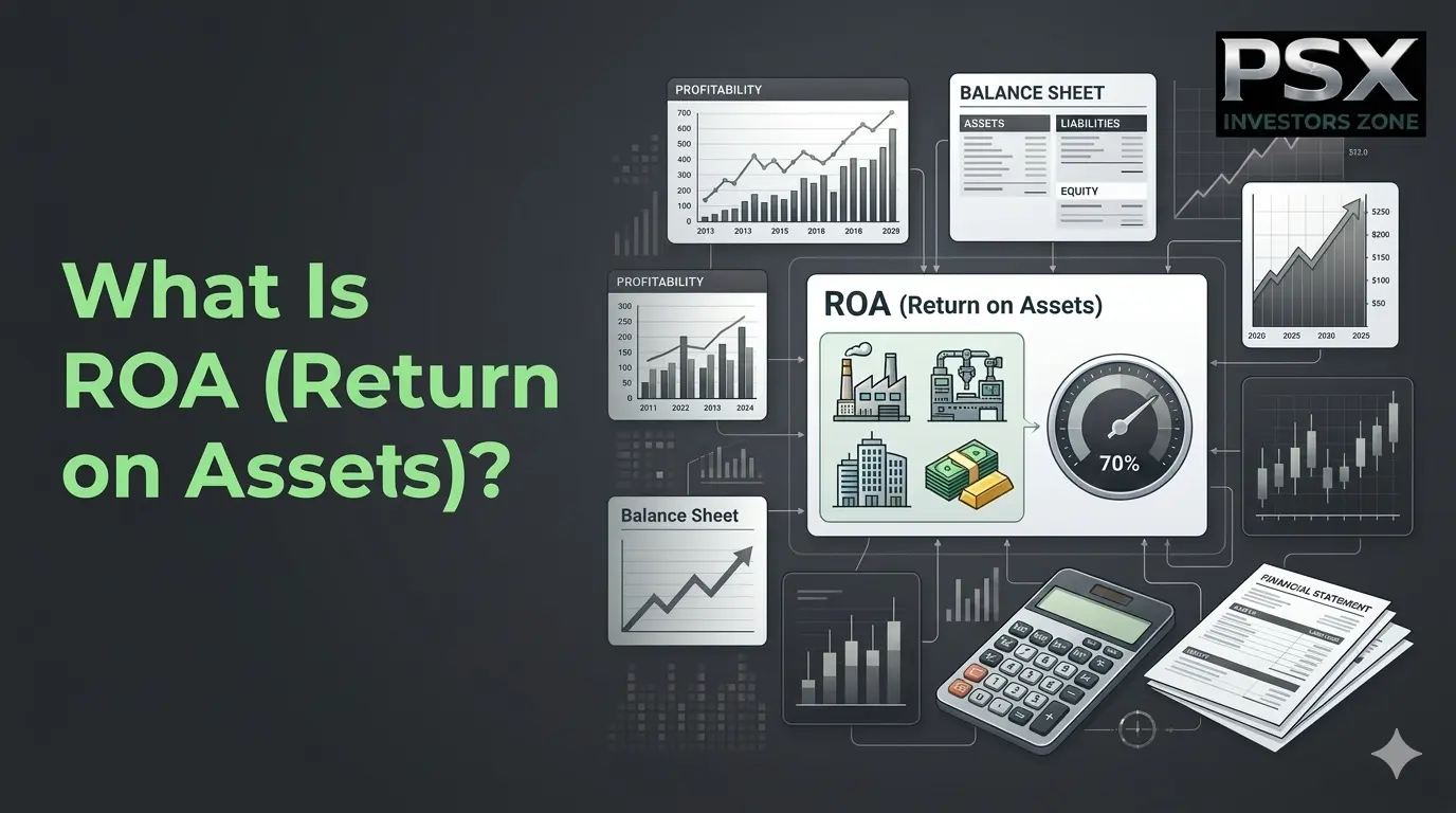 Professional financial illustration showing Return on Assets (ROA), company assets, financial statements, stock charts, profitability metrics, and investment analysis for Pakistan Stock Exchange investors.