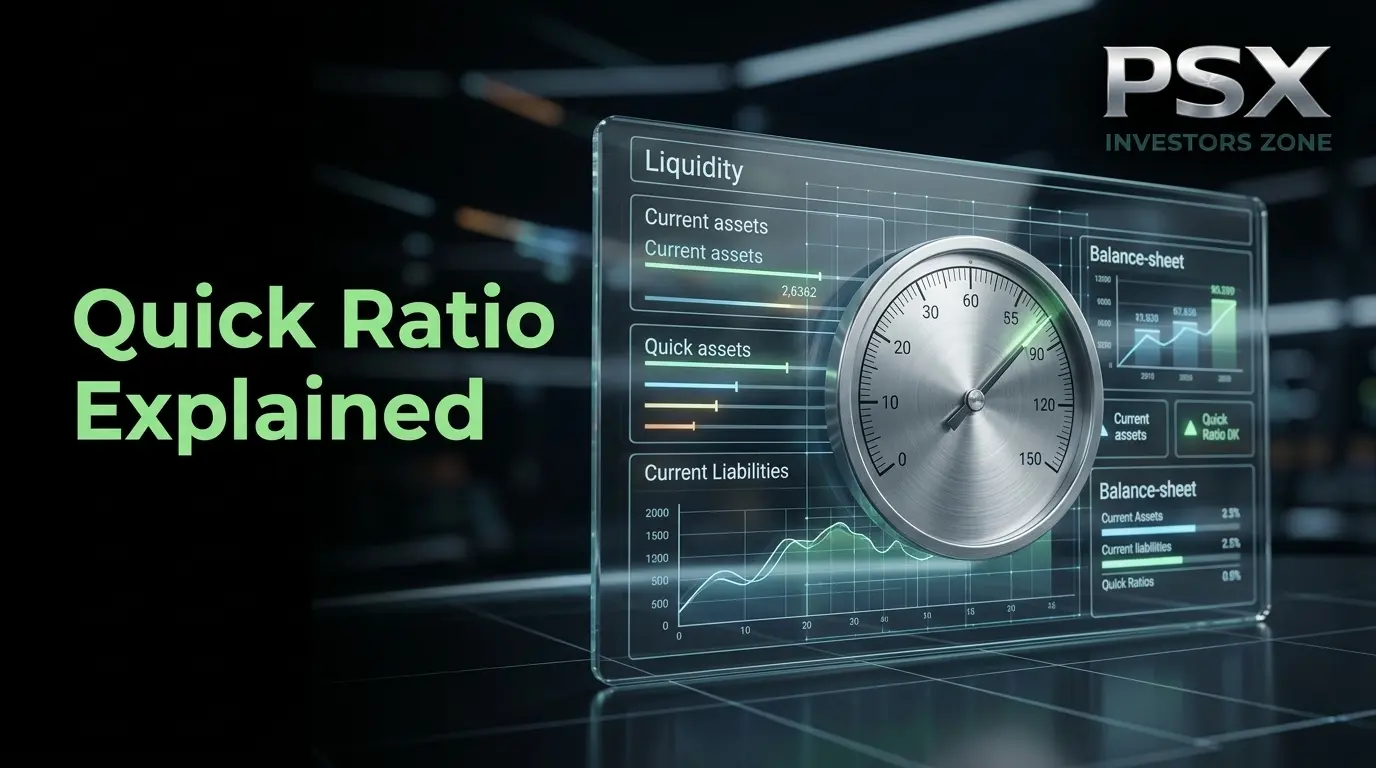 Professional financial illustration showing Quick Ratio analysis, liquid assets, current liabilities, cash, receivables, balance sheet data, liquidity indicators, and PSX stock market research.