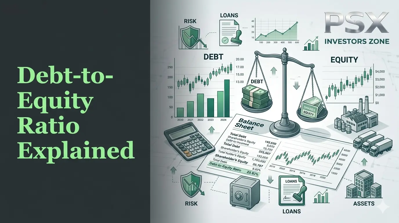 Professional financial illustration showing the Debt-to-Equity Ratio, company debt, balance sheet, financial statements, stock charts, risk analysis, and investment research for Pakistan Stock Exchange investors.