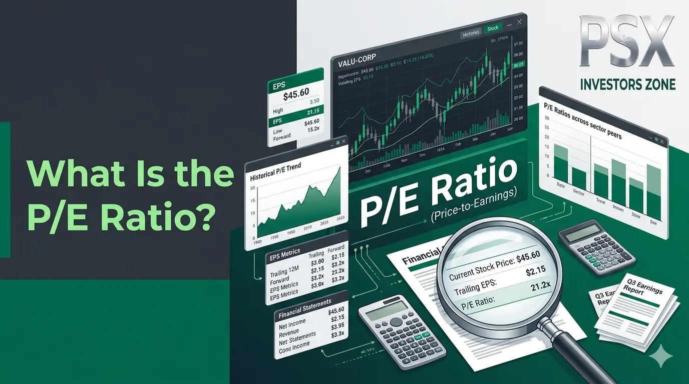 Professional financial illustration showing the Price-to-Earnings (P/E) Ratio with stock charts, calculator, financial statements, valuation metrics, and Pakistan Stock Exchange investment analysis.