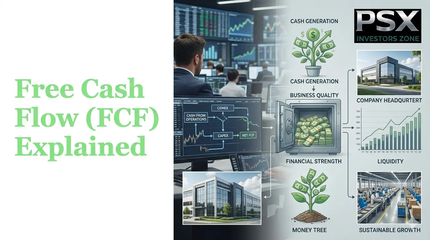 Professional financial illustration showing Free Cash Flow (FCF), cash flow statement, operating cash flow, capital expenditure analysis, financial dashboard, stock valuation, and Pakistan Stock Exchange investment research.