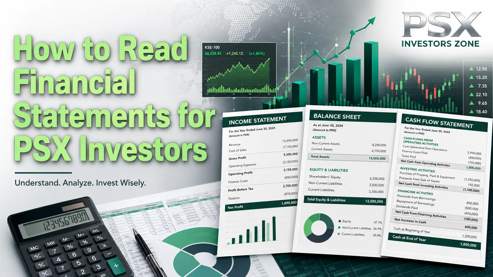 Professional financial illustration showing financial statements, balance sheet, income statement, cash flow statement, financial charts, and investment analysis for Pakistan Stock Exchange investors.