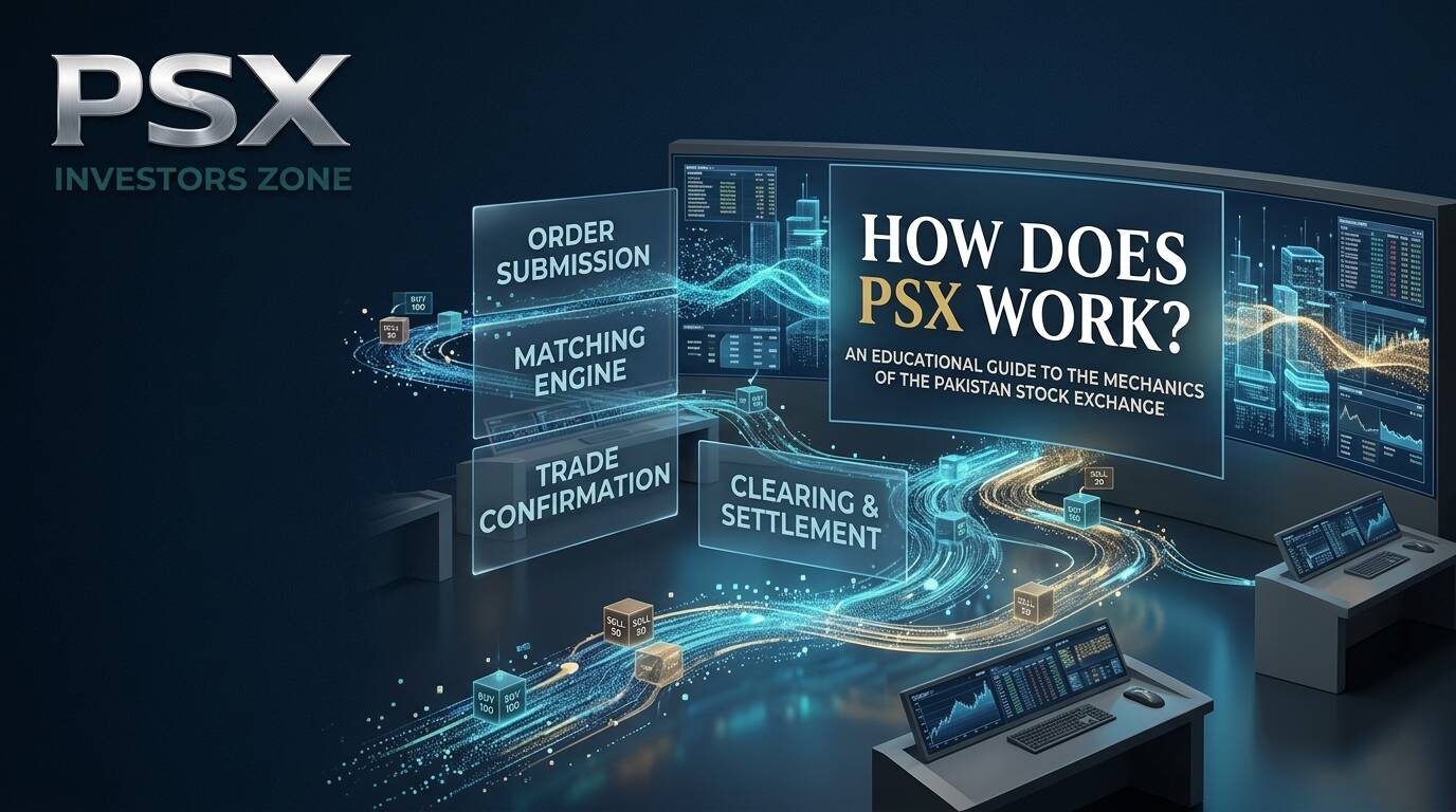 How PSX works showing the Pakistan Stock Exchange trading process, investors, brokers, listed companies, stock orders, clearing and settlement.