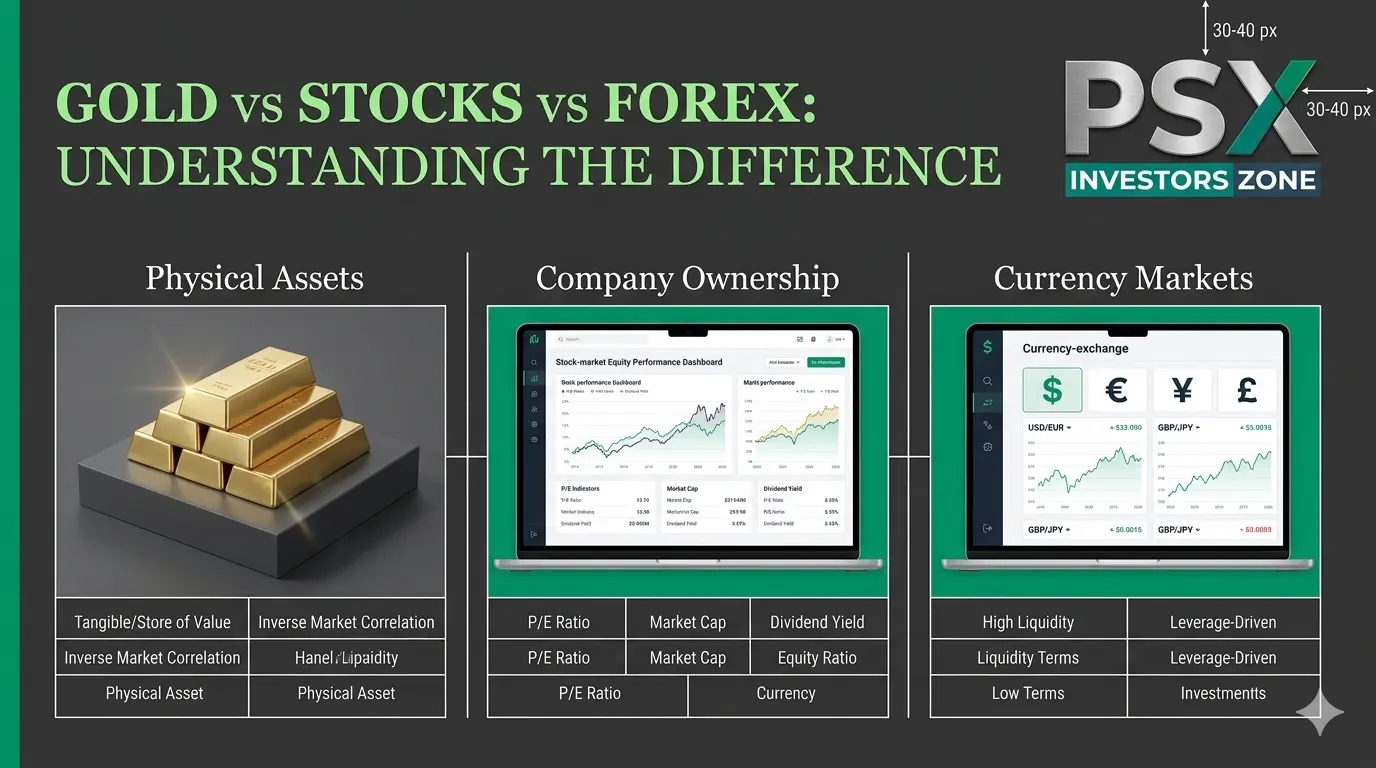 Gold, stocks and forex comparison showing bullion, stock market charts and currency exchange symbols.